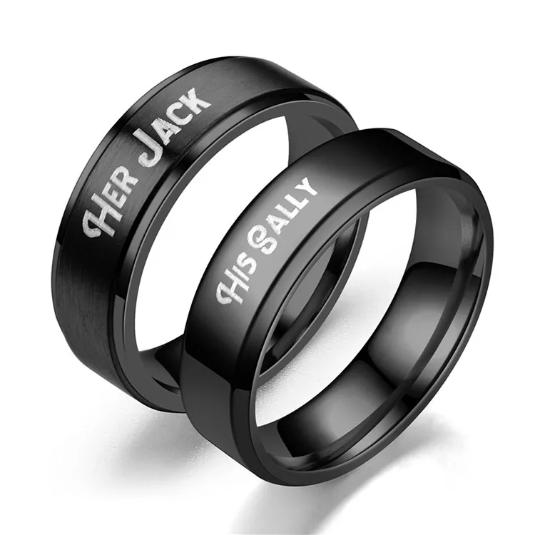 

Trendy Stainless Steel Fashion Ring Her Jack His Sally Black Couple Rings, White/black