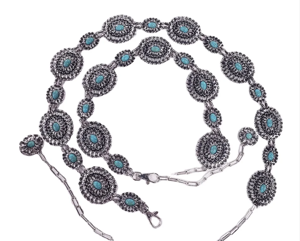 

Free Shipping Mommy and Me Western Look Solid Oval Metal Turquoise Concho Metal Link Chain Belt, As pic
