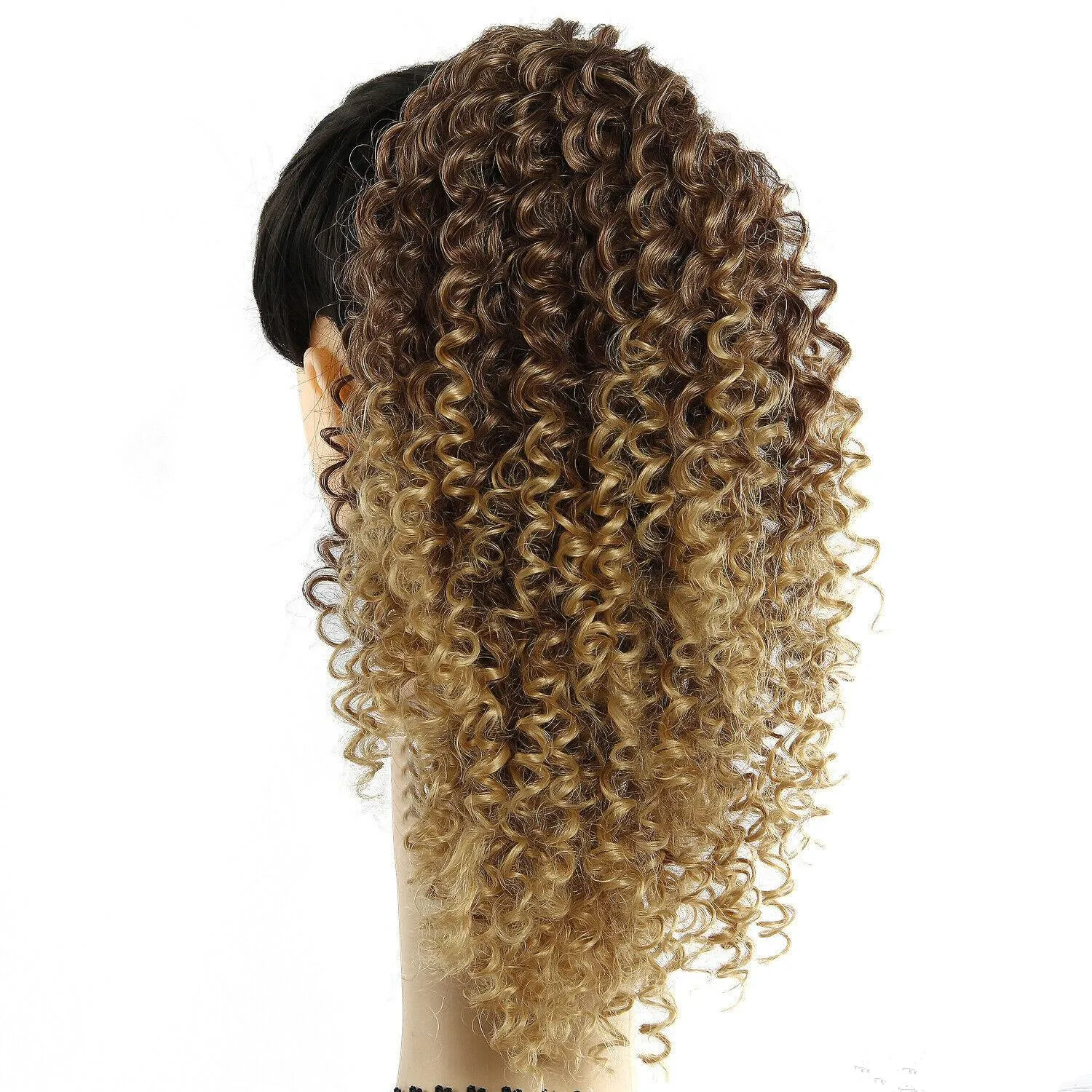 

14'' brown ombre honey blonde Afro Kinky Curly Ponytail Clip in human Hair Extension Adjustable Wrap String120G