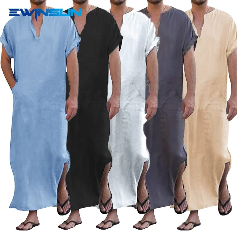 

Classical Wholesale Ramadan Muslim men thobe Plain Prayer Clothing for Men Cotton Linen Short sleeves islamice Ashura Robe
