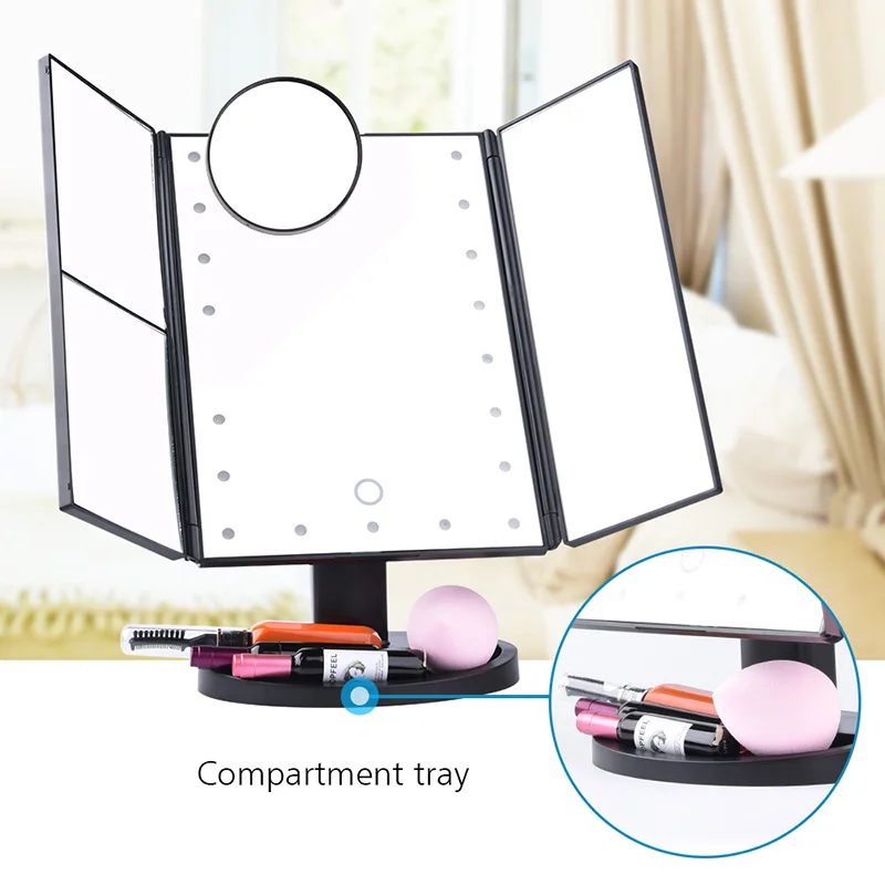 

Espejo Led de Maquillaje 2021 Private Label Vanity Square Tri Fold Table Led Makeup Mirrors With Light, As the picture below