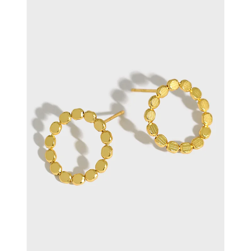 

Korean Trendy Real Gold Plated Flat Beads Circle Stud Earrings 925 Sterling Silver Geometric Bead Circle Earrings