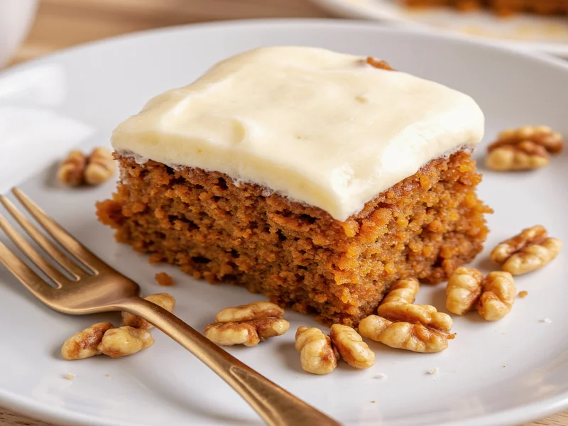 Cream cheese icing spread on moist carrot cake slice with walnuts
