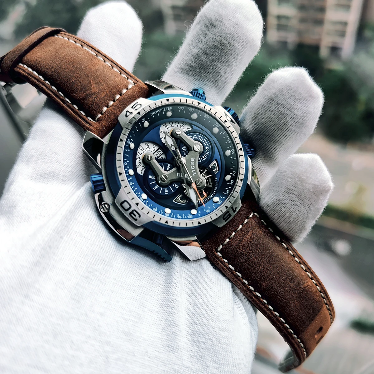 

Reef Tiger Top Brand Luxury Sport Watch Men Rose Gold Military Watches Blue Rubber Strap Automatic Waterproof Watches RGA3503