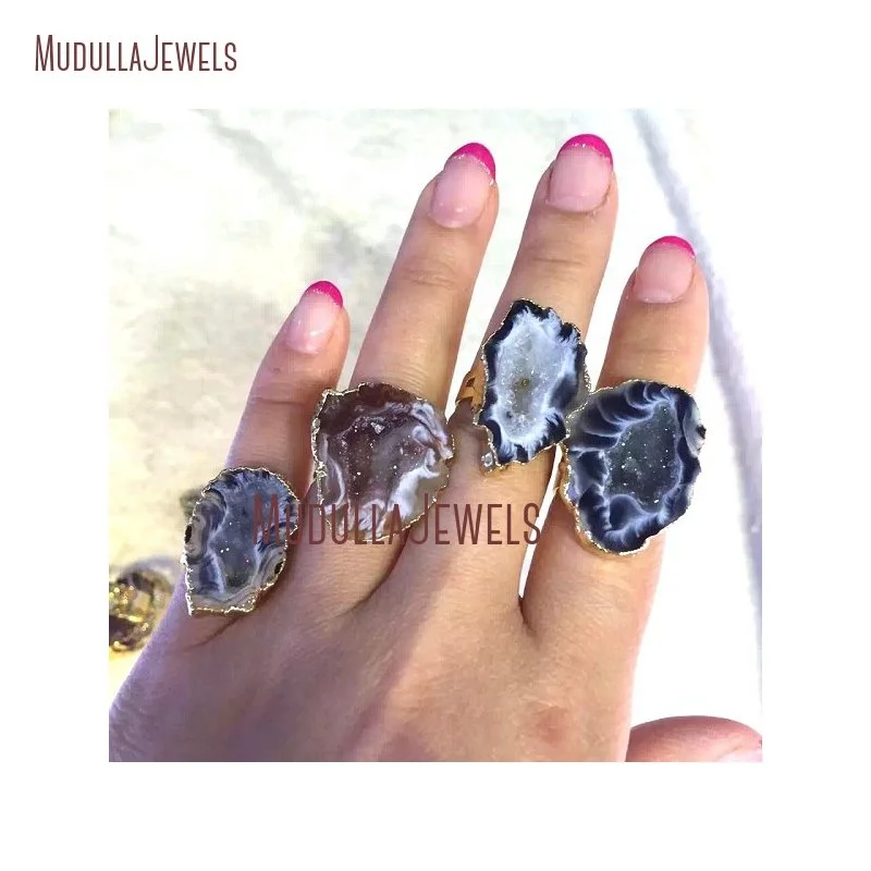 

RM15037 Agate Geode Druzy Gold Silver Electroplated Irregular Shape Ring Adjustable Band Ring