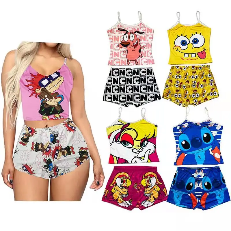

2021 Summer Tank Top and Shorts Sleepwear Cartoon 2 Piece Pajamas Set