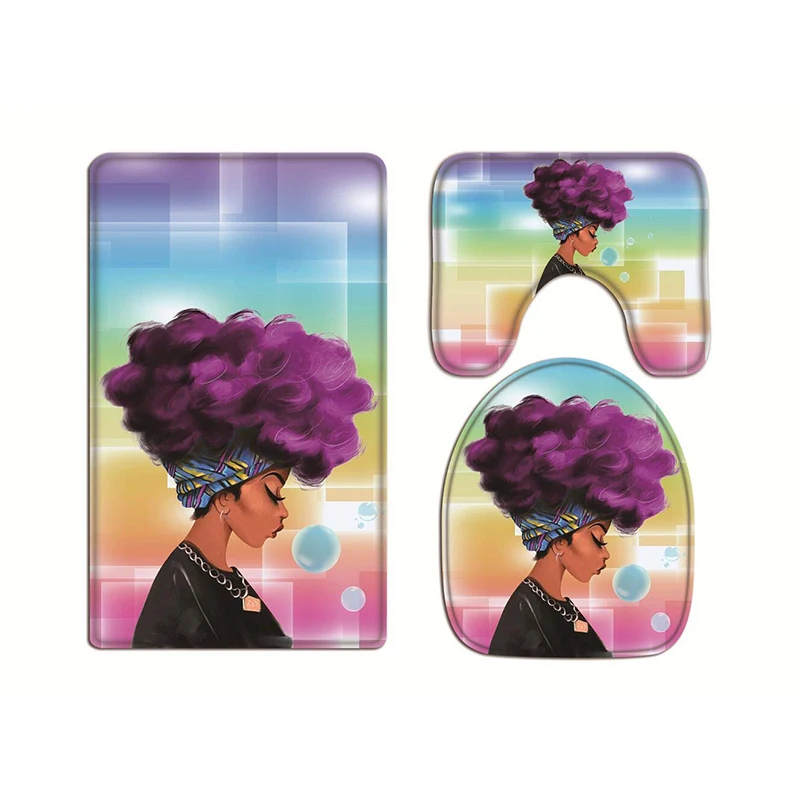 

Wholesale American African Print Fancy Black Women Bath Mat 3 Piece Set Soft Flannel Washable Toilet Seat Covers, Customized color