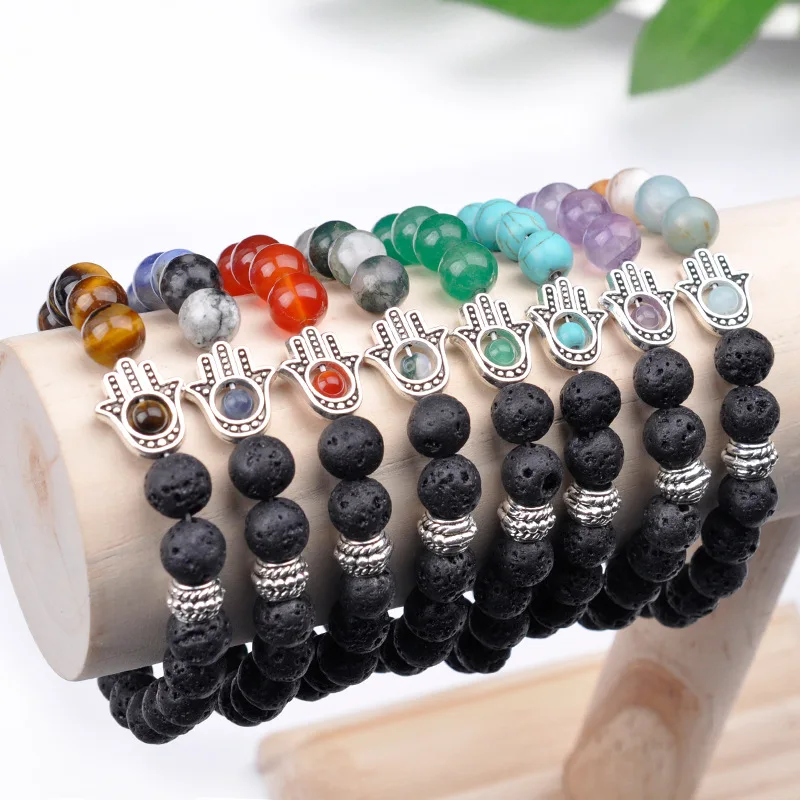 

Colorful chakra energy yoga beads natural volcanic stone beaded bracelet, Silver plated