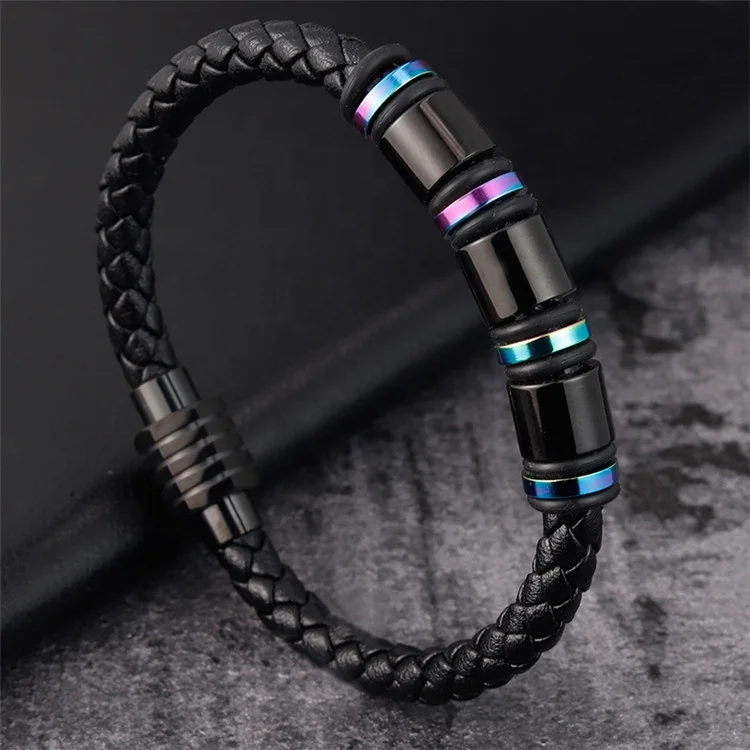 

Men s Jewelry Stainless Rainbow Plated Beads Magnet Clasp Braided Genuine Leather and Steel Bracelet