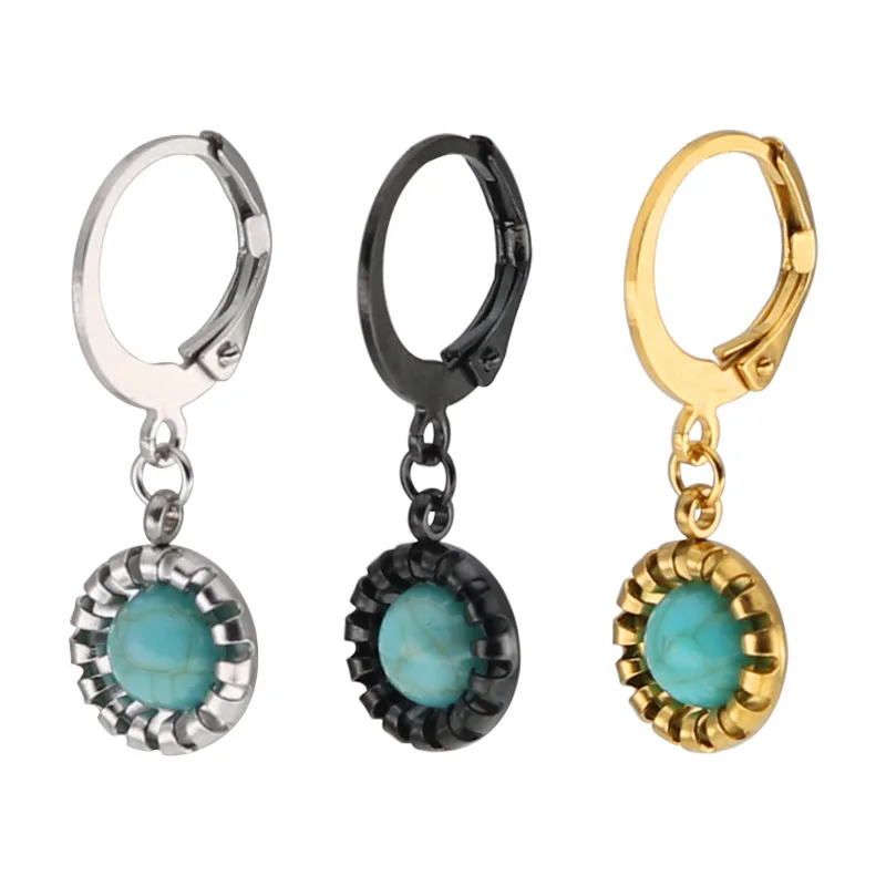 

HONGTONG Factory Direct Amazon Hot Sale New 316L Stainless Steel Turquoise Pendant Round Hypoallergenic Earrings For Women, Picture shows