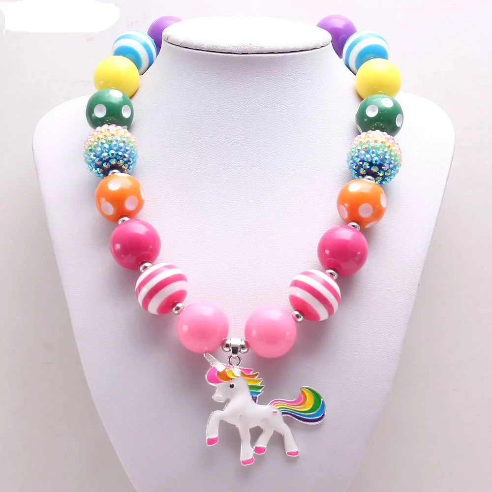 

Pinkly Love Unicorn Beaded Necklace Jewelry Cute Dress up Children Party Gift little Kids Adjustable Rope Shinny Stone