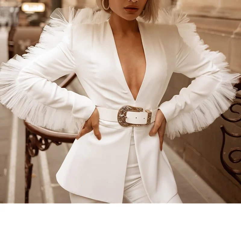 

Sexy V Neck Mesh Ruffles Patchwork Autumn Coat and Shorts Women Suits, Black, white