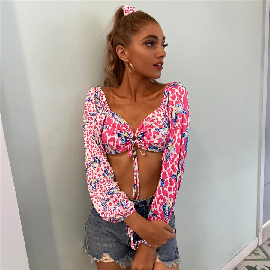 

DM New arrivals Shein stock Womens Drawstring Knot Leopard & Butterfly Print Crop Top, Shown,or customized,provided