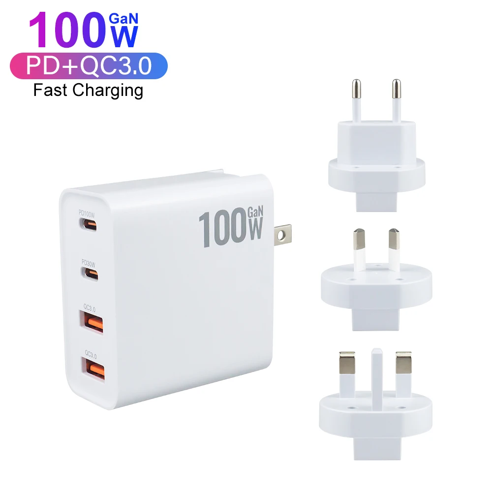 

High Power GaN 4 Ports USB C PD 100W USB-A QC3.0 GaN Fast Charging Wall Charger for MacBook Laptop Mobile Phone