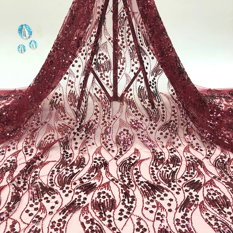 

Factory Wholesale 5 Yards Unique Burgundy African Bride Wedding Dresses Beads Lace Fabrics, 6 colors or customized