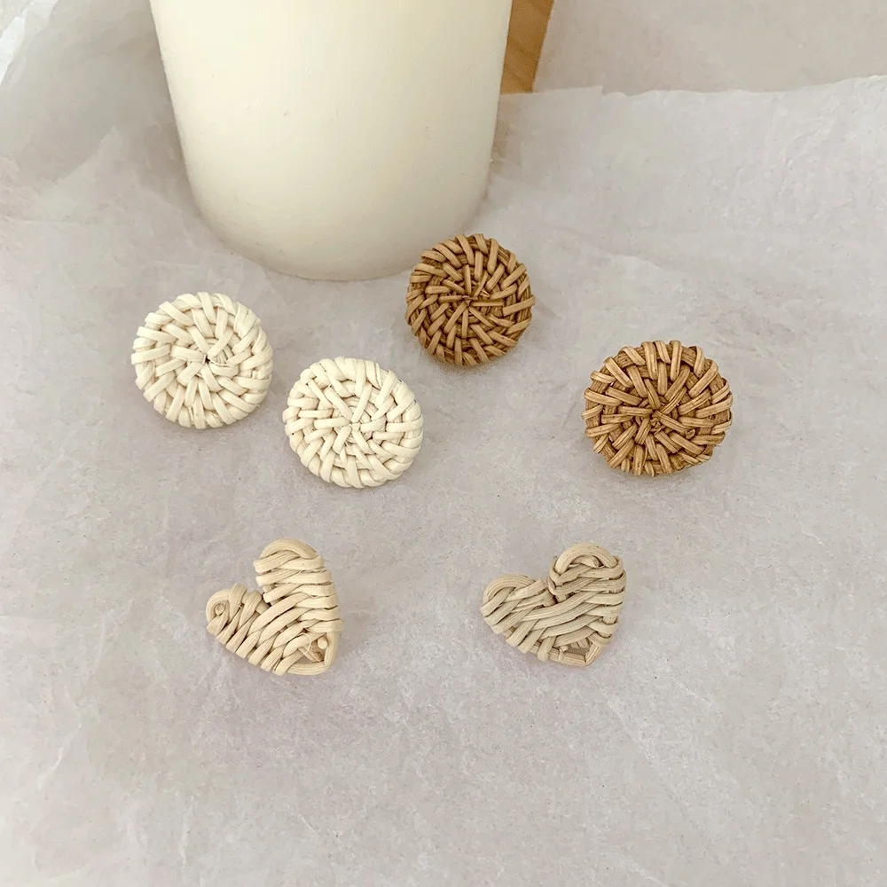 

Geometric bohemian handmade rattan woven cute love heart round vintage stud earrings for women summer jewelry, Gold