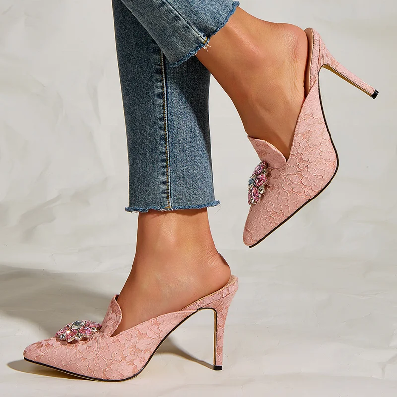 

Modern Sandals Pink Close Pointed Toe Slip-on Beauty Summer Women Sandals Shoes Soft Print Surface Diamond Decorate Dress Shoes