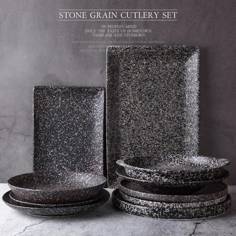 

hot selling Nature Stone Pattern ceramic Dinner Sets black porcelain Granite Grain rectangle Plate and round Bowl Set