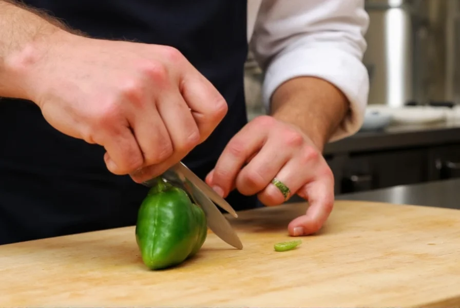 Professional chef demonstrating proper claw grip technique while holding green pepper steady on cutting board