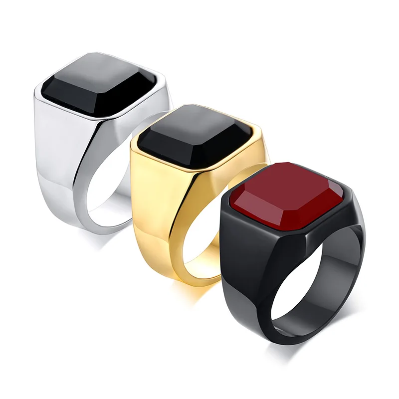 

Wholesale Custom Rings Black Red Rectangle Onyx Agate Stone Titanium Steel Silver Gold Black Finger Rings for Men Women, Gold, black, silver