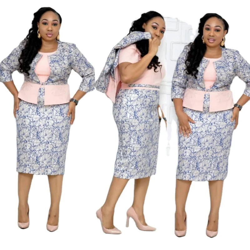 

New Arrival Women Floral 2 Piece Set African Office Midi Pleated Dresses Plus Size Dress African plus size women's clothing