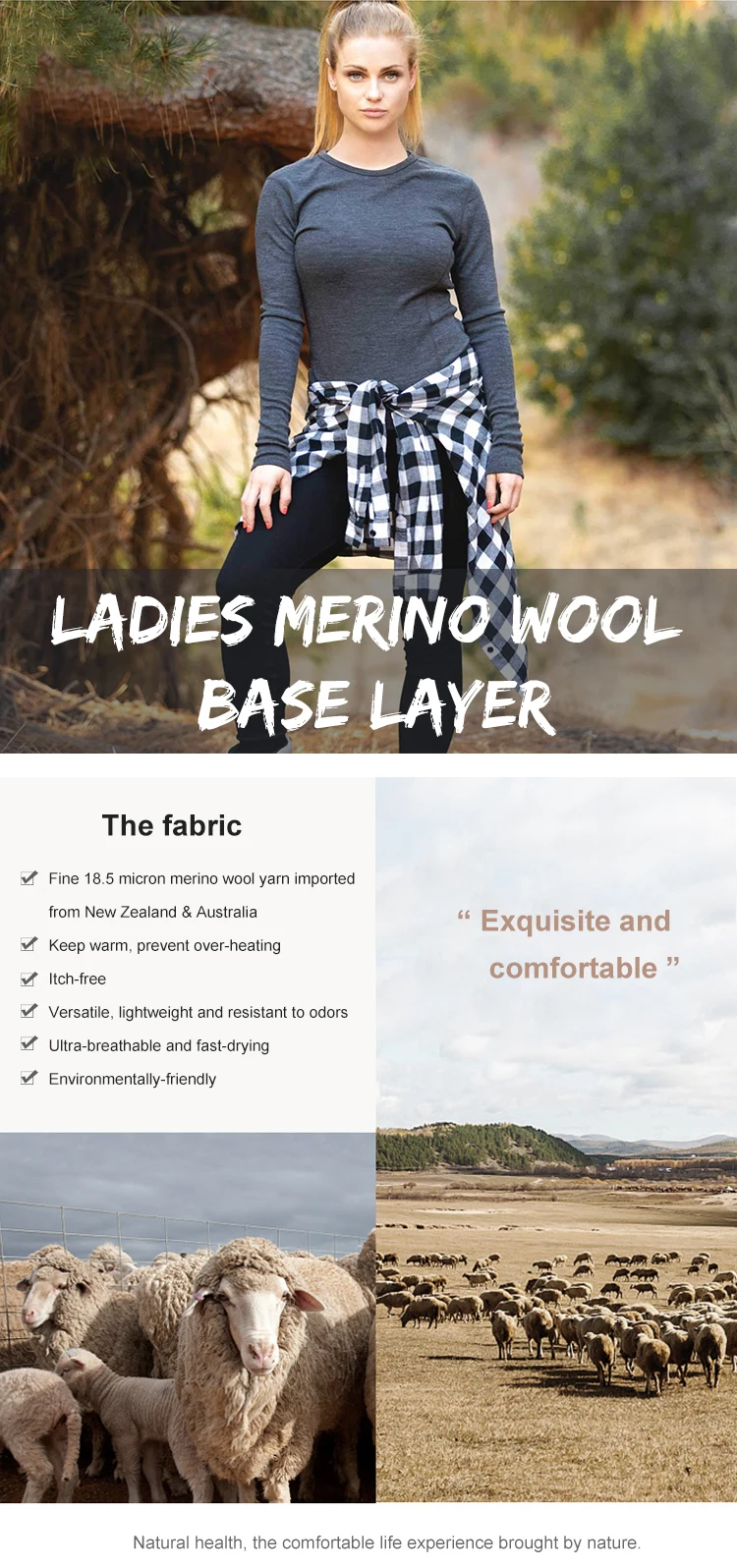 Enerup merino wool women's onsie long sleeve tops johns thermal base layer underwear sets
