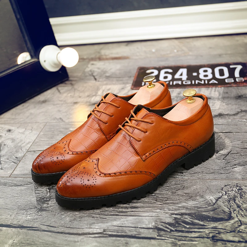 

Modern Fashion Brown Men Faux Leather Shoes Spring 2021 Black Casual Men's Shoes Lace-up Work Formal Man Shoes, Black brown