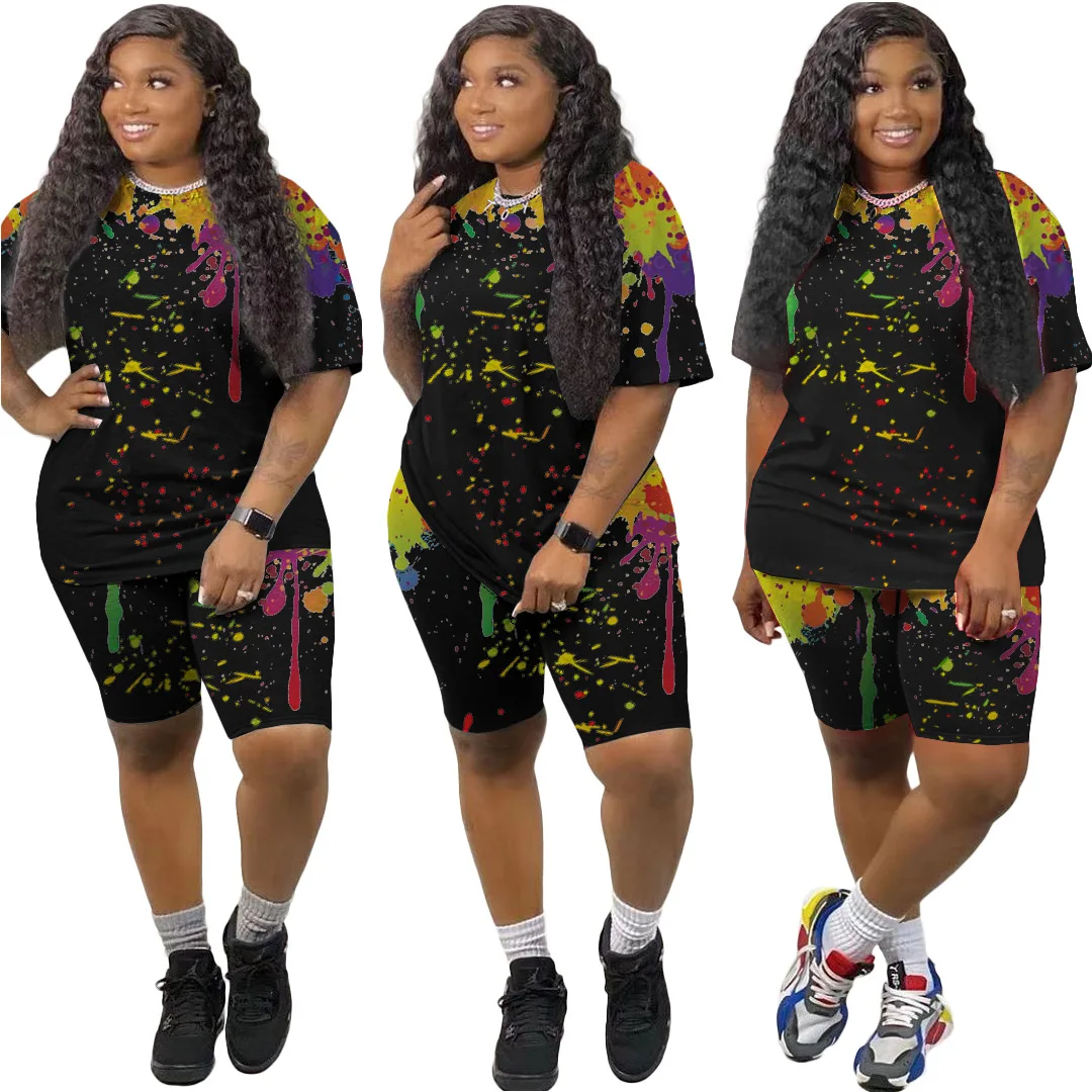 

2021 summer plus size 3xl tie die printed colorful two piece 2 piece set