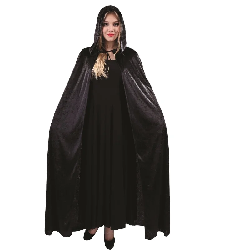 

Women all black Cloak Fancy Dress Party halloween Long Velvet Hooded Cape Costume for Adult