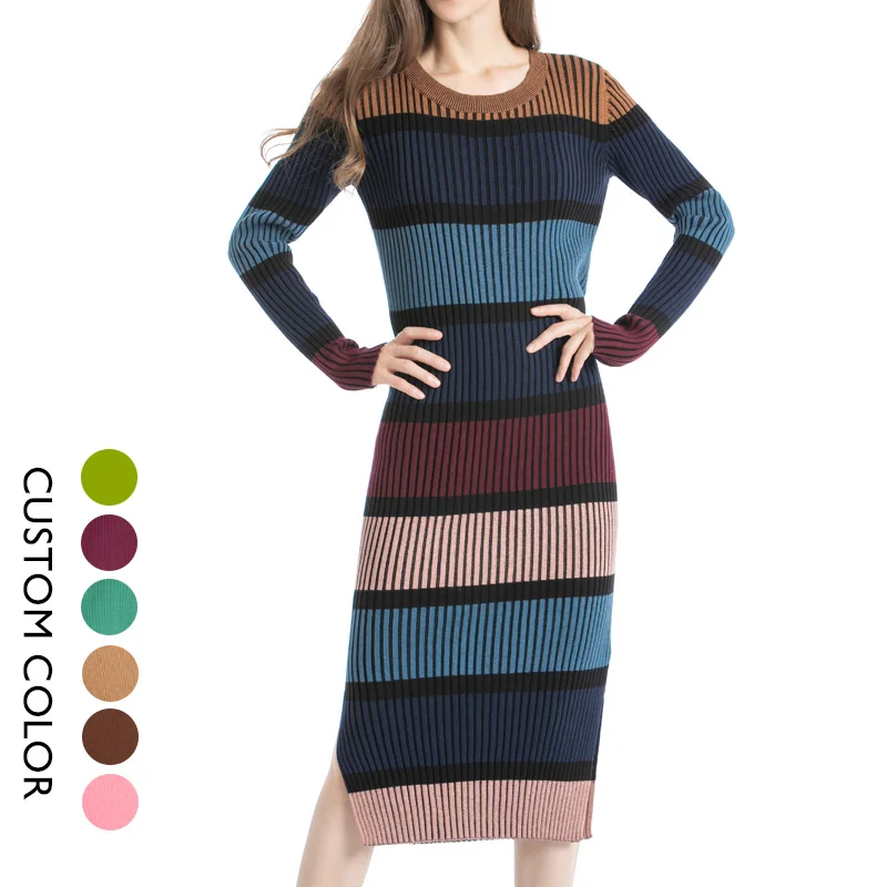 

New hot sale Casual Ladies Elegant Long Sleeve Striped Sweater Prom plus size bodycon dress Skirt For Women Fall Clothing, Customized color