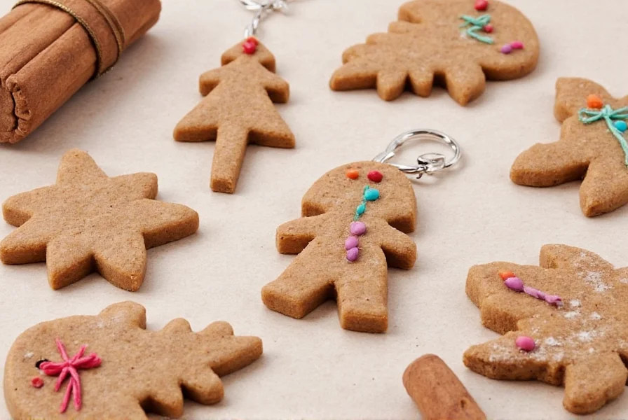 Finished cinnamon dough ornaments hanging on a Christmas tree with natural twine, showing various shapes including stars, snowflakes, and gingerbread men
