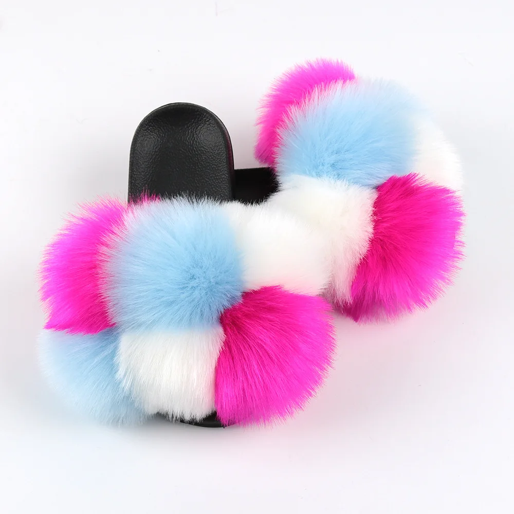 
Designer Plush Fluffy Ball Fur Sandals Furry Faux Fur Flip Flops Beach Slippers Slides For Women 