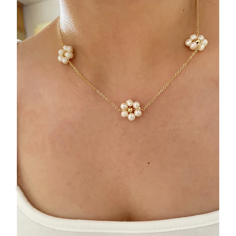 

Triple Flower Natural Freshwater Pearl Necklace 14K Gold Plated Beaded Necklaces for Women Romantic Bohemian Handmade Jewelry