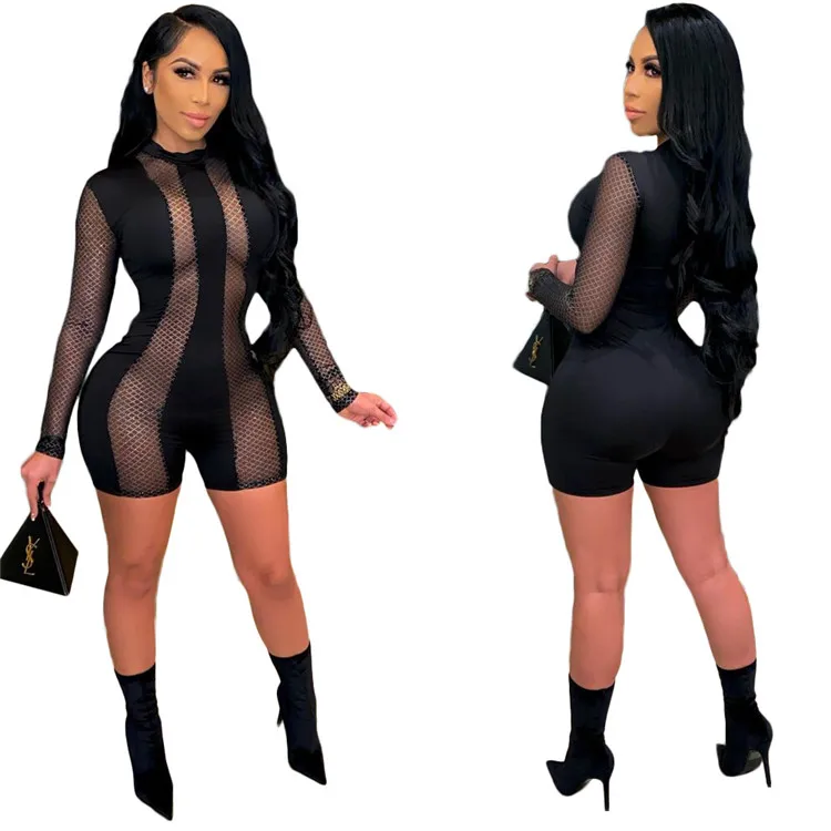 

2021 New Design Black Striped Perspective Grid Sexy Shorts Bodysuit Women's Bodycon Fashion Long Sleeve Jumpsuit