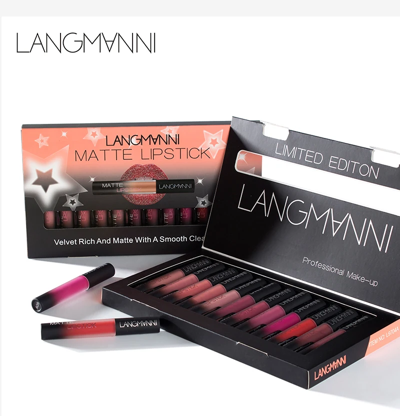 

langmanni 12pcs/set matte lip gloss Waterproof Long Lasting lip kit nude lipstick makeup velvet tint sexy beauty maquiagem