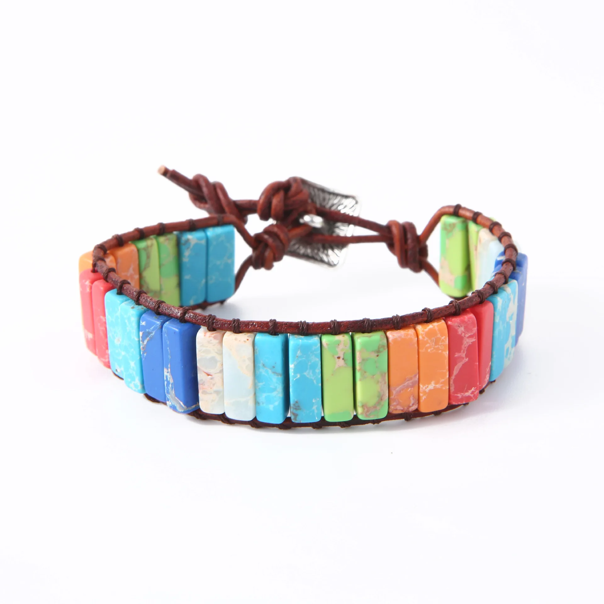 

VRIUA Factory RTS Bracelet Jewelry Handmade Multi Color Natural Stone Tube Beads Leather Wrap Bracelet Couples Bracelets Gifts, Colorful