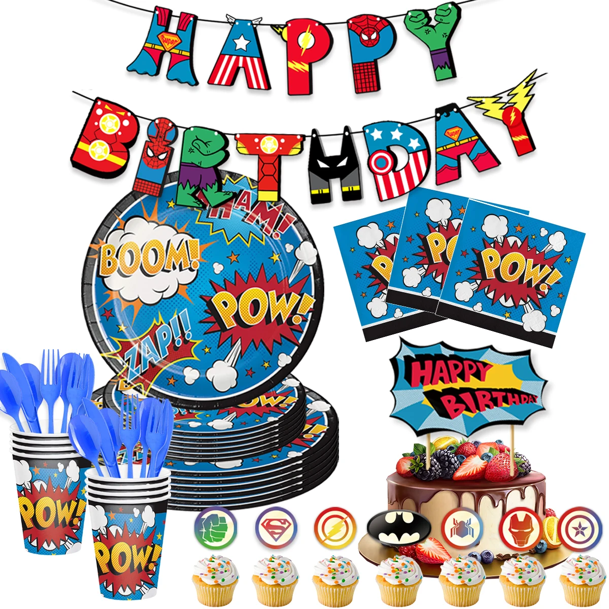 

Nicroo Super Hero Party Supplies Paper Cup Paper Plate Napkins Cutlery Super Hero Theme Kids Birthday Party Tableware Set