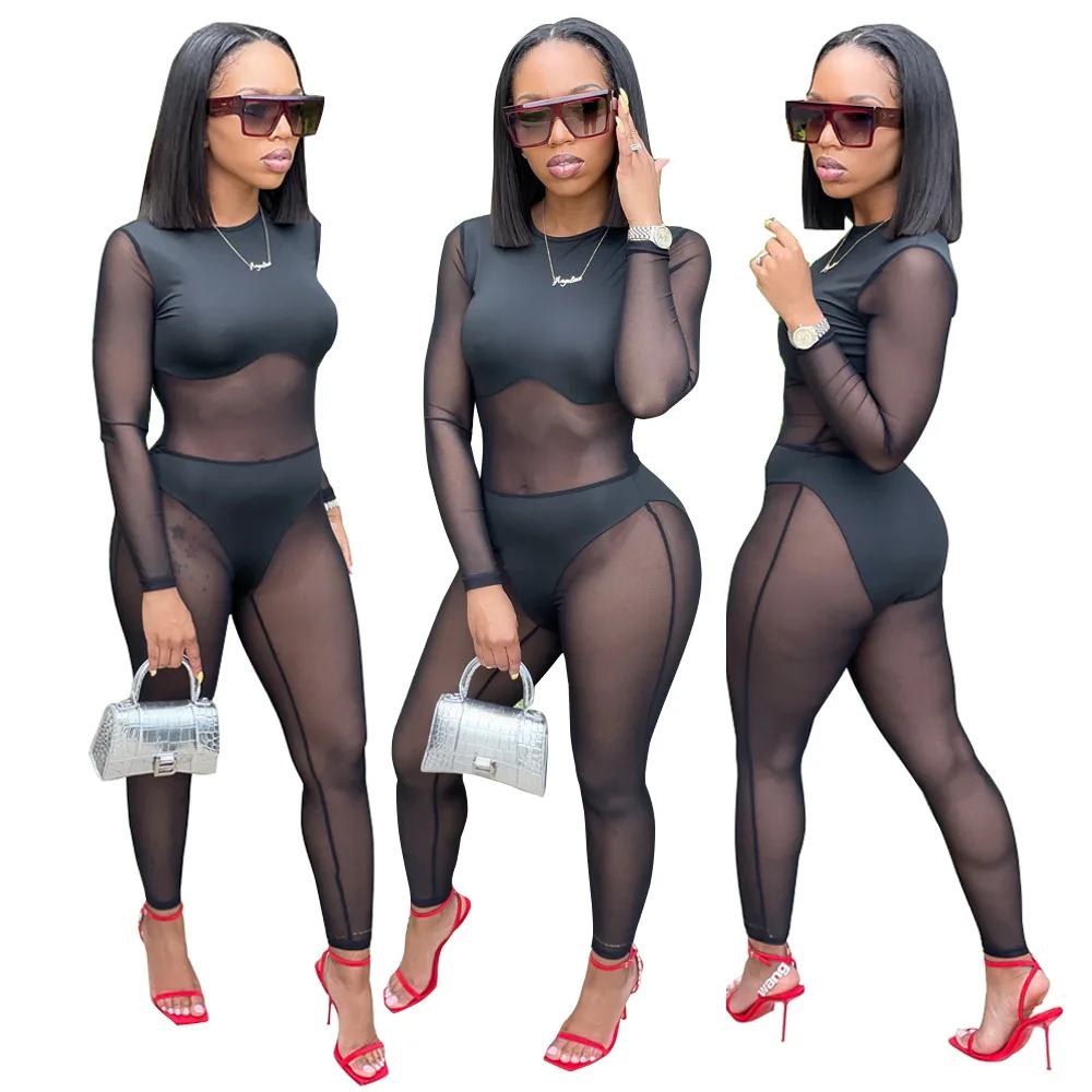 

2021 New Plus Size Long Sleeve Mesh Elasticity Bodycon Black Women One Piece Jumpsuits, 1colors
