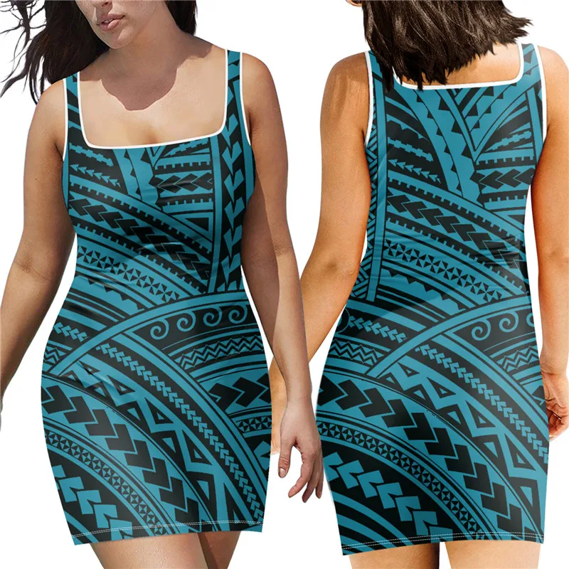 

1MOQ Somoan Tribes Tattoo Print Women Slip Dress Polynesian Fabrics Print Women Bodycon Sleeveless Slip Dresses For Ladies