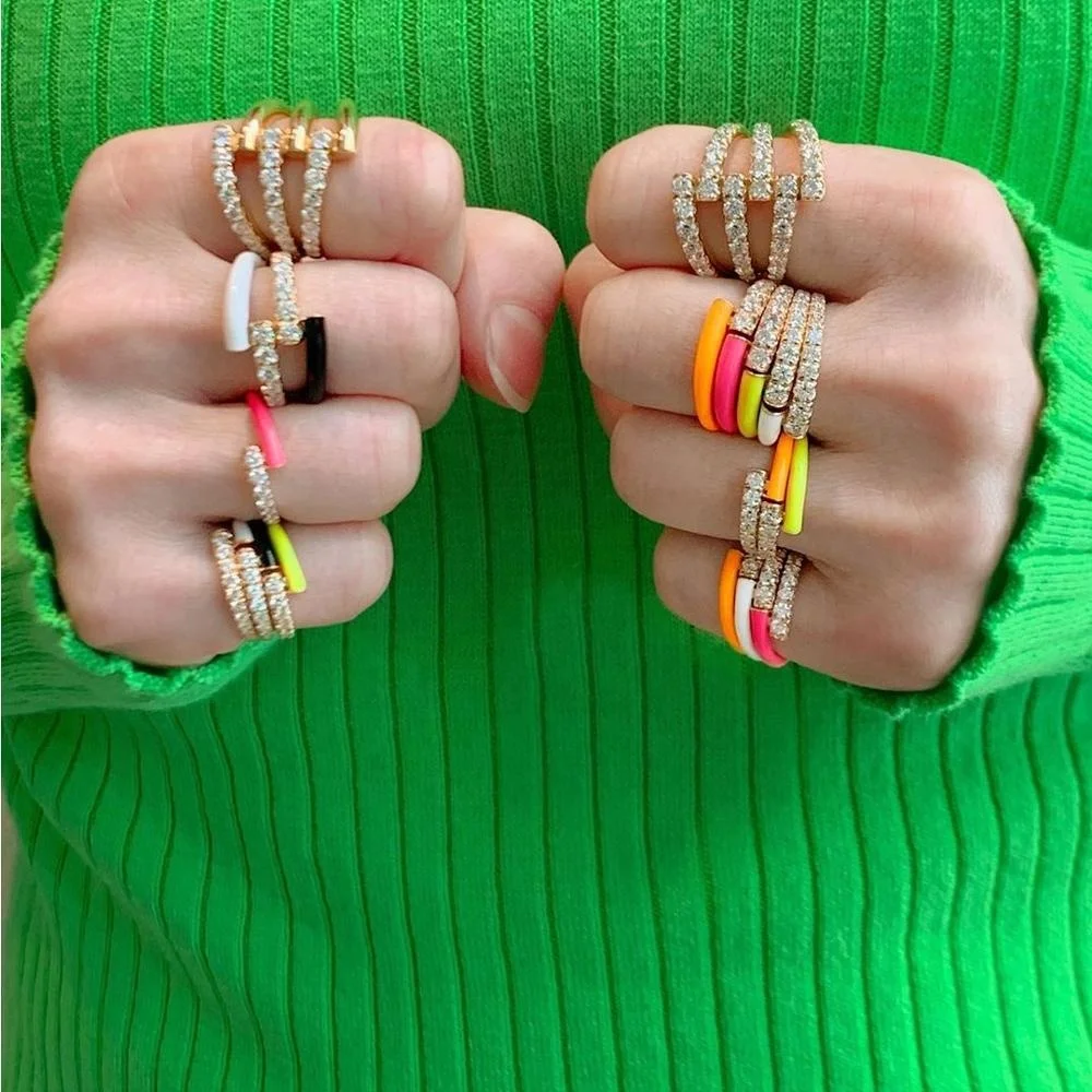 

2021 Summer New Colorful Neon Enamel Open Adjusted Finger Ring For Women Refreshing Fluorescent Zircon Rings Fashion Jewelry