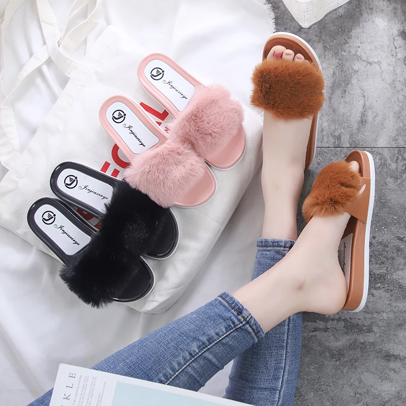 

Wholesale Girl Ladies Slippers Autumn Plush Fluffy Slippers Women Fashion Trend Fur Slipper, Black, pink, brown