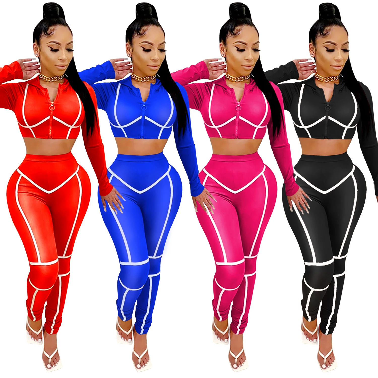 

Foma-C3685 Dropship women clothing Sexy zipper crop tops sport wear two piece pants set with hoodies