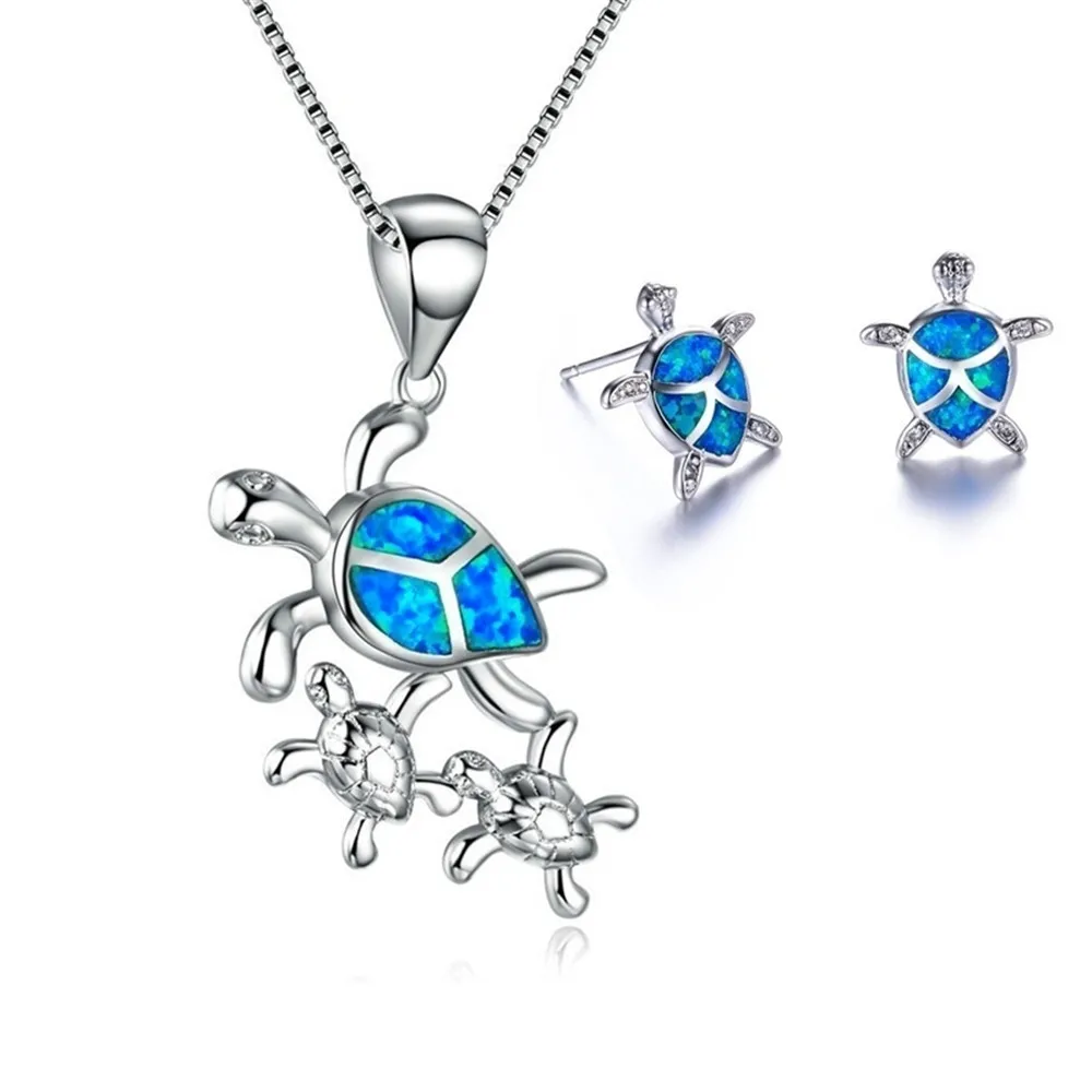 

European African Colorful Turtle Shape Statement Necklace Sets Cute White Opal Animal Pendant Necklace Stud Earrings Set