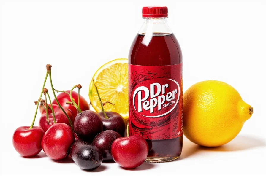 Dr Pepper bottle next to various fruits representing possible flavor components including cherry, plum, and citrus