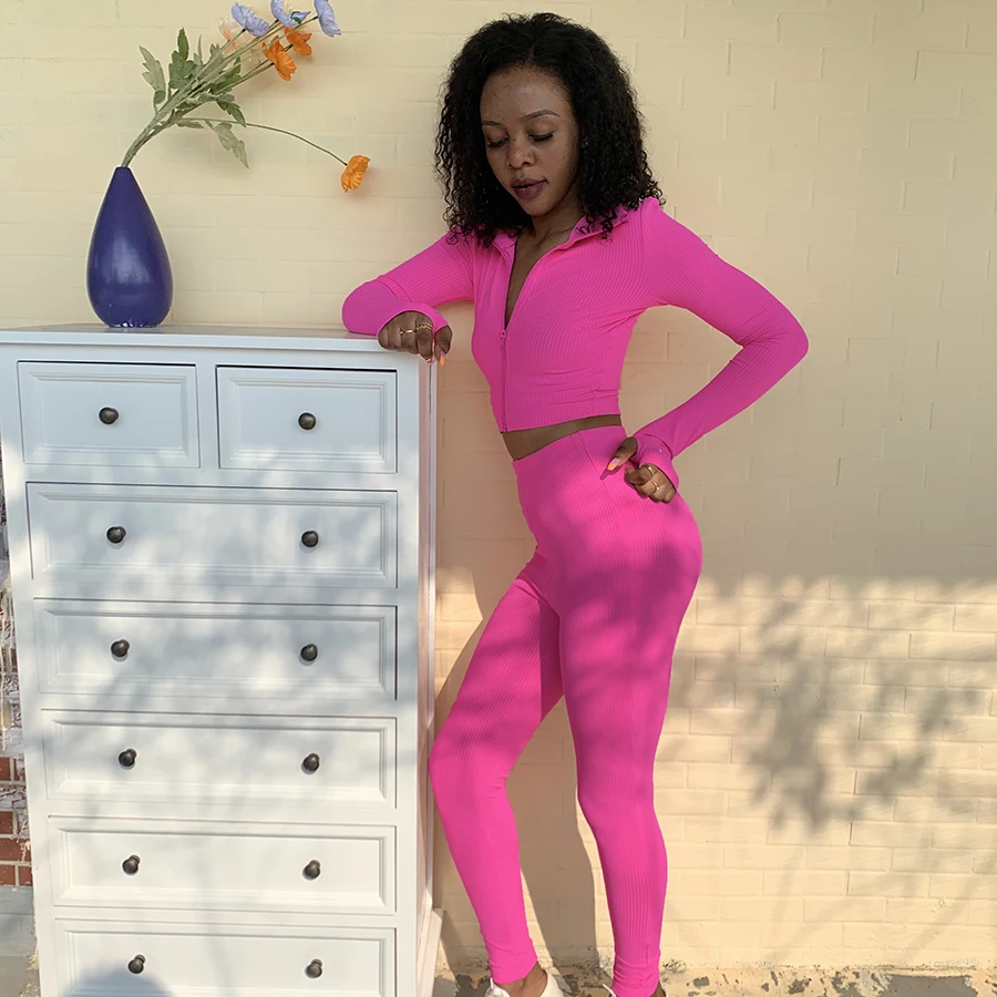 

Kliou casual ladies tracksuits 2020 ribbed zipper solid women fall sets womens clothing two piece sportswear