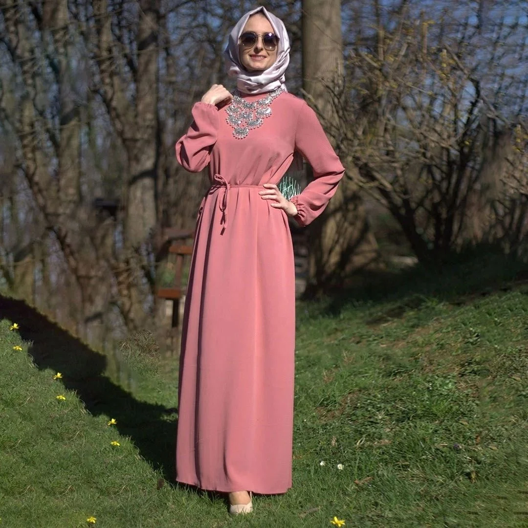 

Skinny waistband Muslim&Dubai abaya style A line dress o neck socialite occasion fit, Pink orange purple gray green black or customized