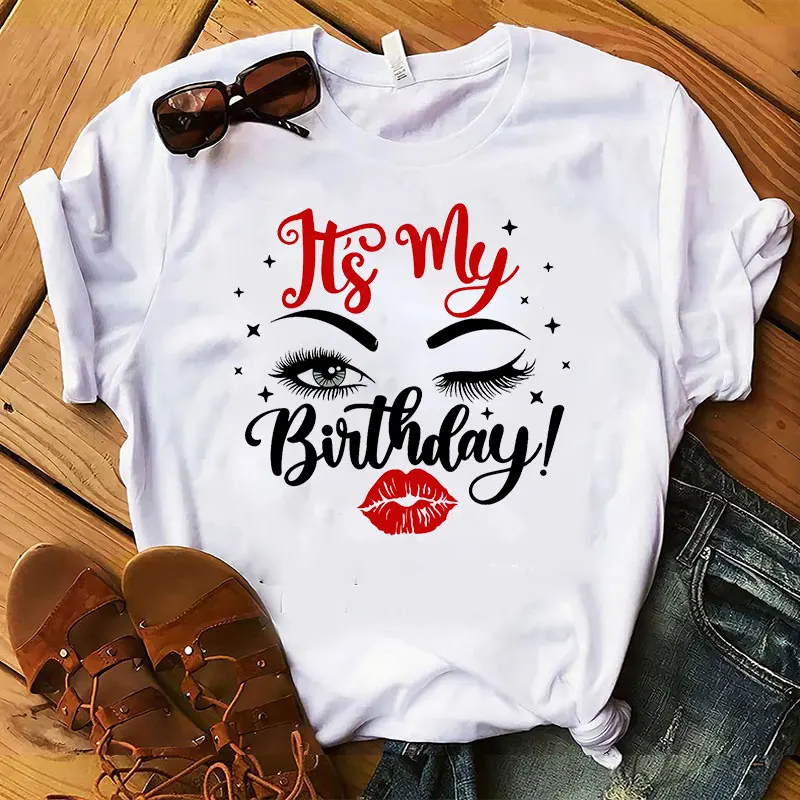 

Summer It's Its my Birthday Printed Short Sleeve White Graphic Women's T Shirt Lips Kiss Birthday Women Round Neck Shirt