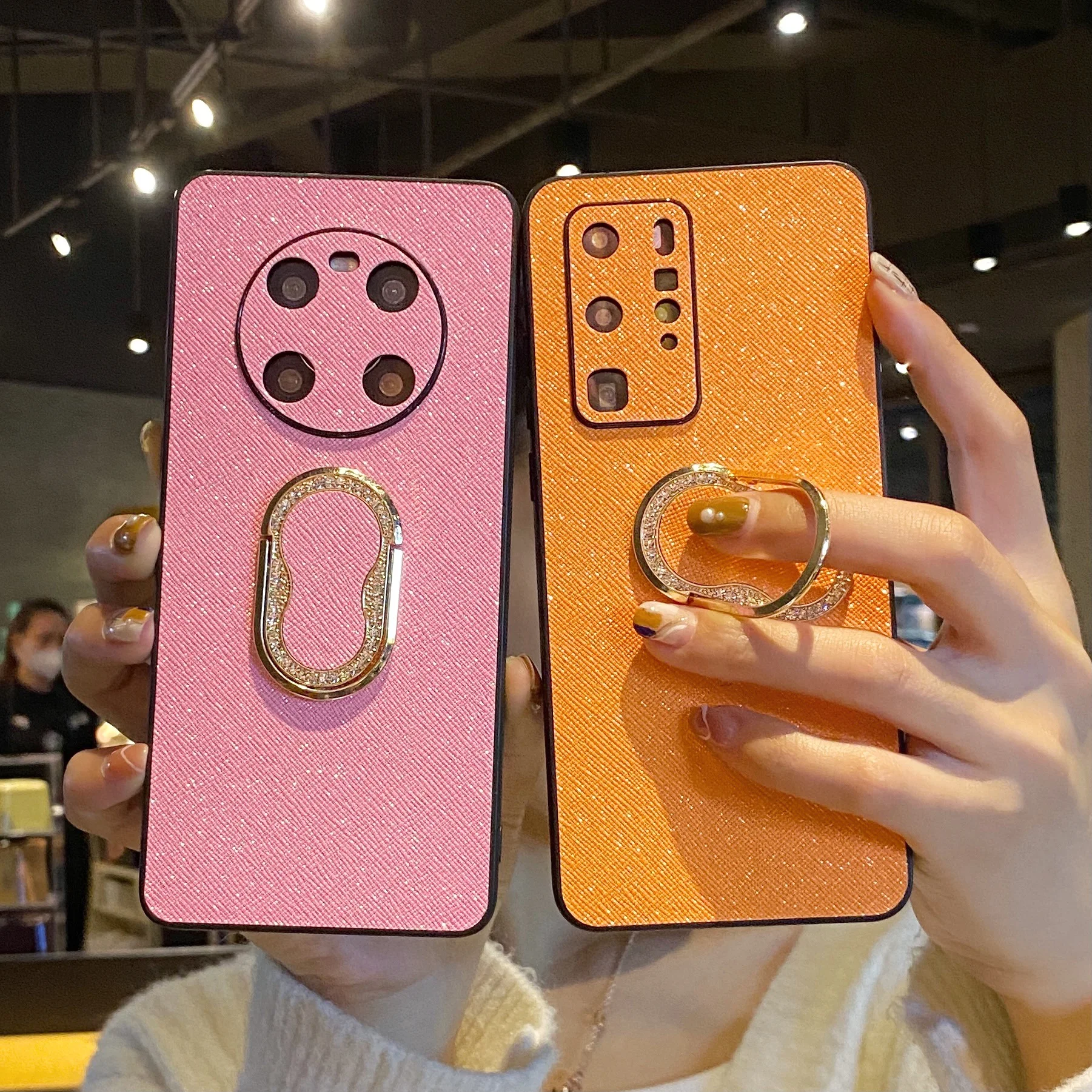 

2021 Newest Luminous Phone Case For Huawei Mate 40 Plain Leather Phone Case For Huawei Bracket Phone case, Orange,pink,blue