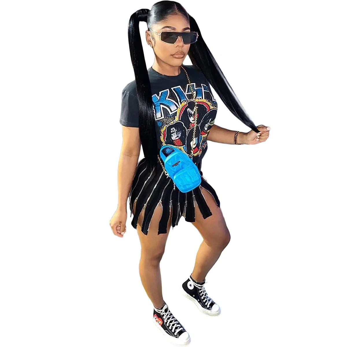 

Fashion Printed Zipper Mini Dresses Women T Shirt Summer Party Clubwear Casual Dress
