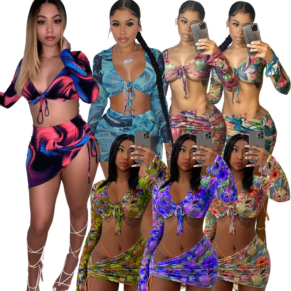 

2021 Sexy Long Sleeve Party Mini Skirt 3 Piece Set Floral Printed Irregular String Sexy Club Dresses